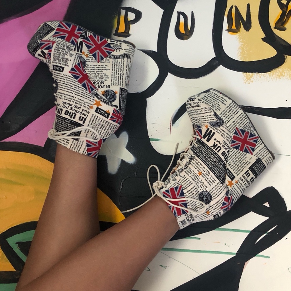 UK punk newsprint platform heels, never worn, NITB